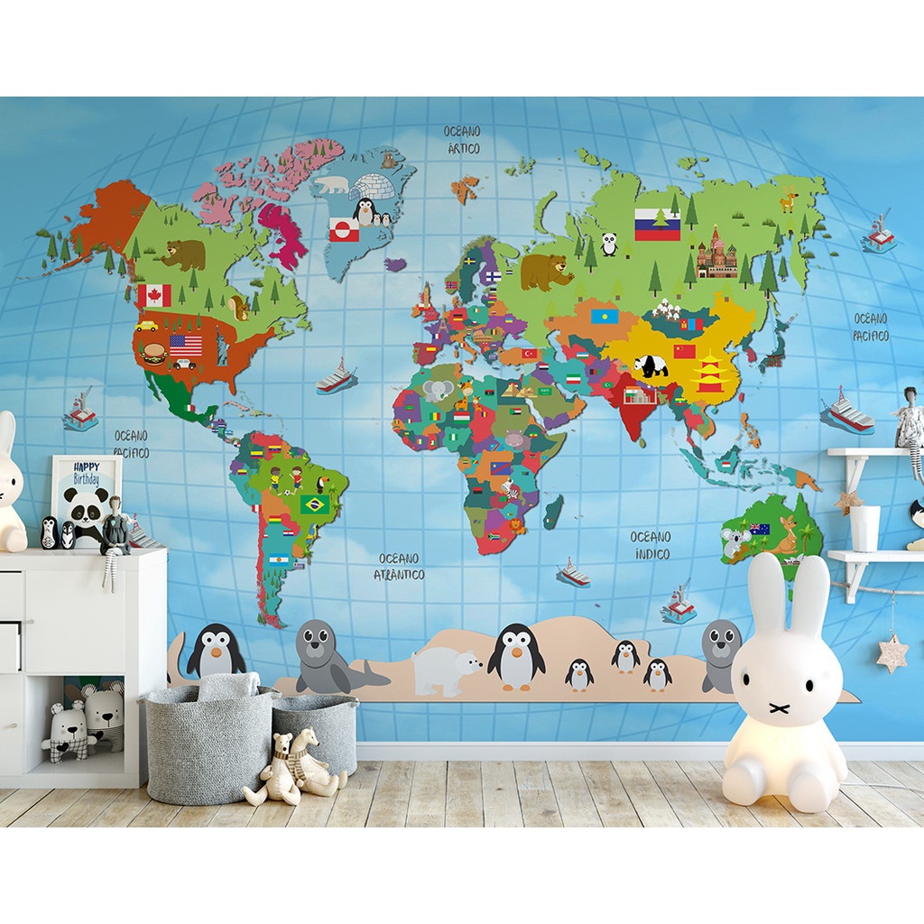 papel de parede infantil mapa mundi | Shopee Brasil