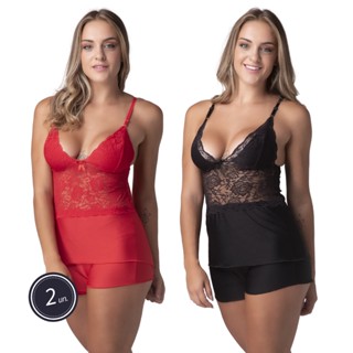 Kit 2 Short Doll Sem Bojo Microfibra Linha Noite Sensual Detalhes Renda Feminino Pijama Adulto Promoção Revenda 302