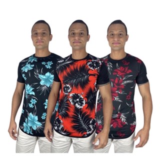 Kit 3 Camisa T-shirt Long Line Floral Masculina Camiseta Moda