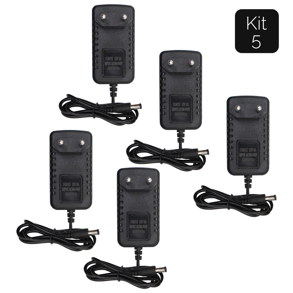 Kit 5 Fonte 3a 12v Estabilizada Chaveada Bivolt Cftv Fita Led