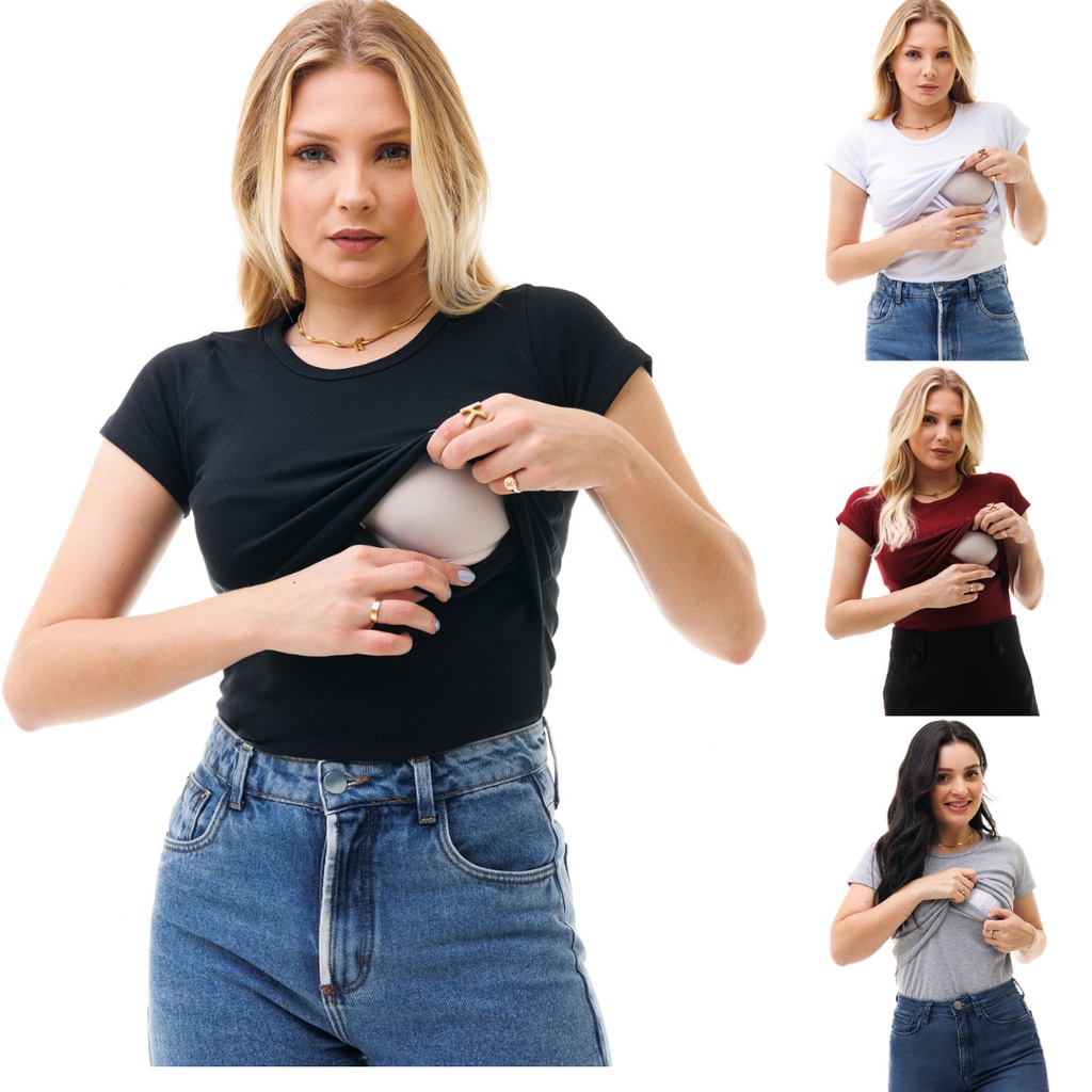Kit Com 4 Blusa Para Amamentação Manga Curta Gola Redonda em Oferta na Shopee