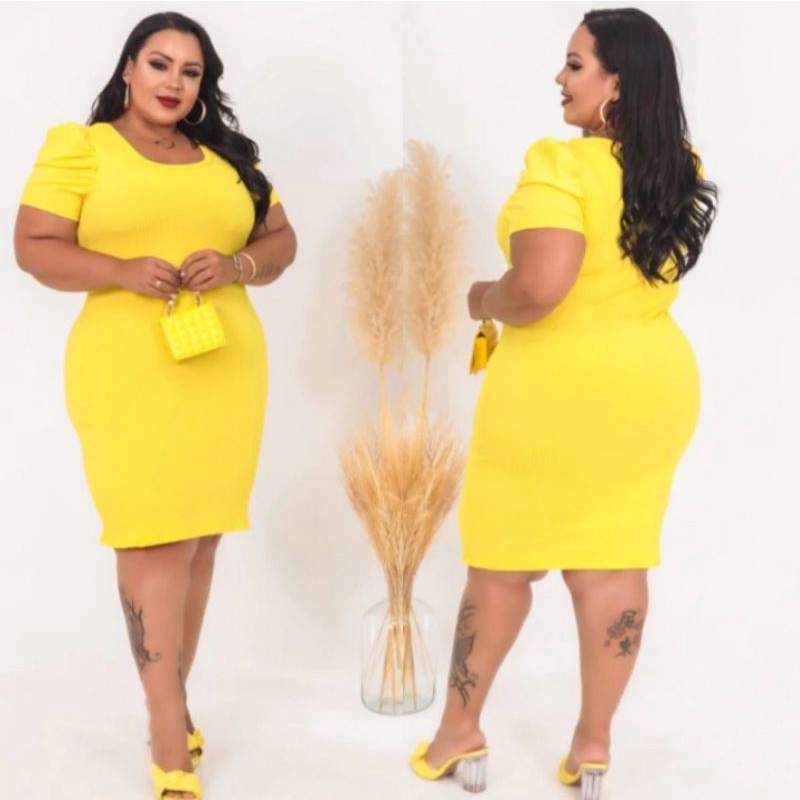 Vestido Plus Size G1 Tubinho Midi Manga Bufante Princesa Canelado Grosso Modas Evangélica Festas Ano Novo