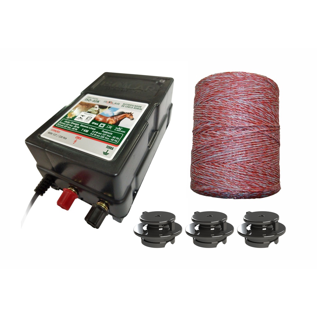 kit cerca para 100 metros - Eletrificador rural 40k - 50 roldana com garra PT + 01 Fio eletroplastico 100m + 10 Castanha oval PT + 02 placa de advertencia