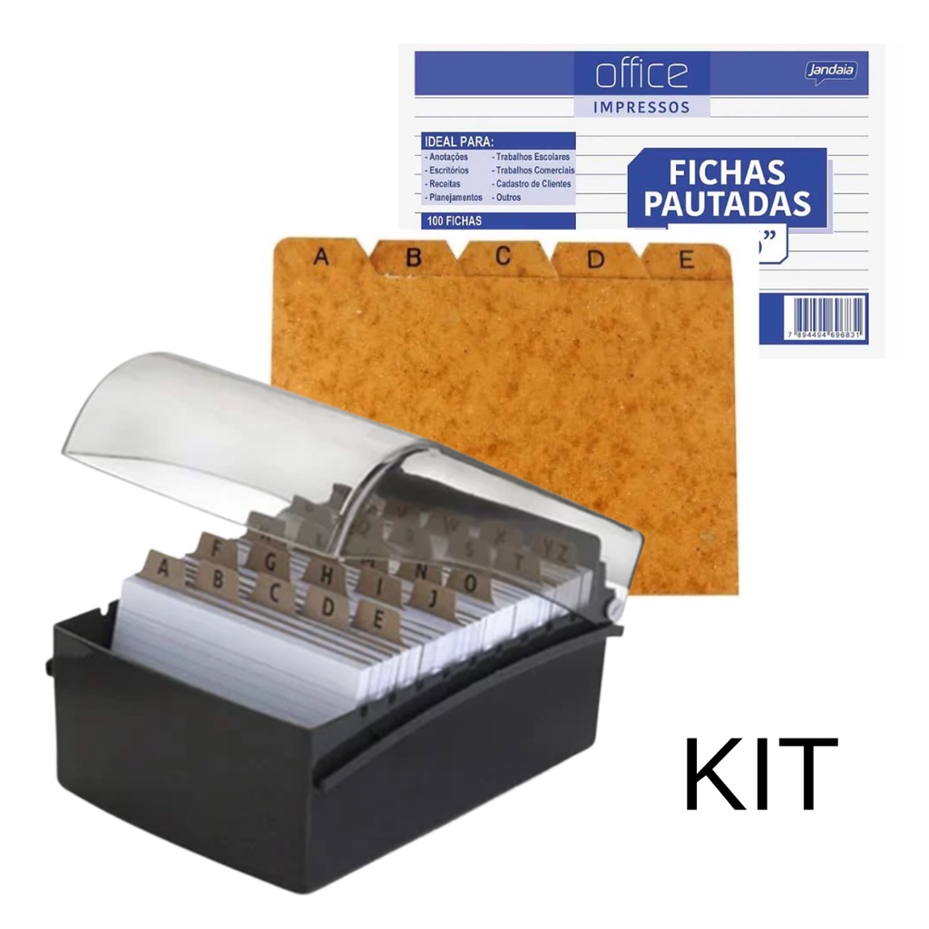 Fichário De Mesa Acrílico 4x6  Organizador Fichas Waleu Kit com fichas pautadas  e indice a-z Preto
