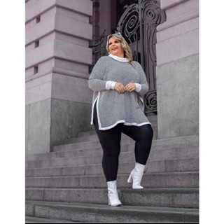 Blusa Plus Size Poncho Trico Gola Boba Com Abertura Lateral De Tricot Inverno