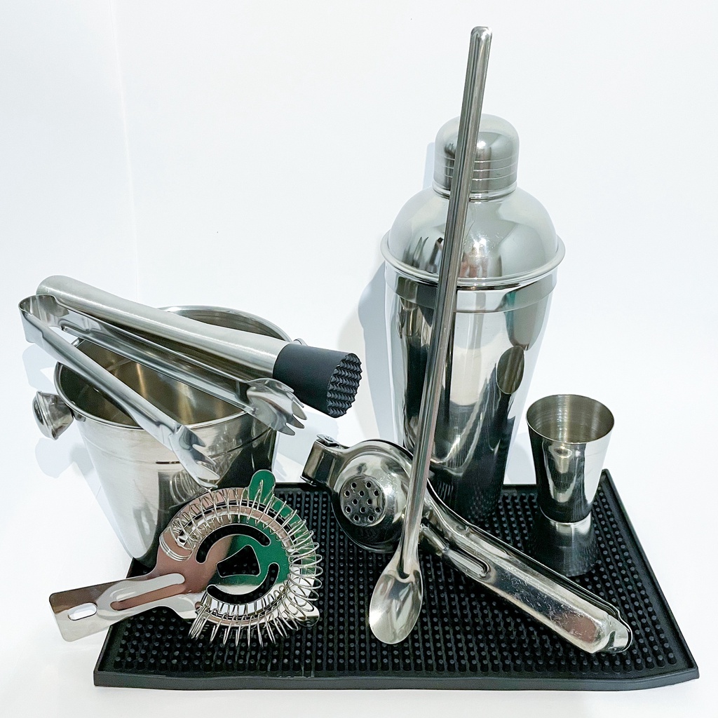 Kit Bartender/Caipirinha Premium completo 9 peças Inox com Coqueteleira 750ml, Socador, Coador de gelo, Dosador, Balde, Pegador de gelo, Tapete escorredor, Espremedor de limão e Colher bailarina