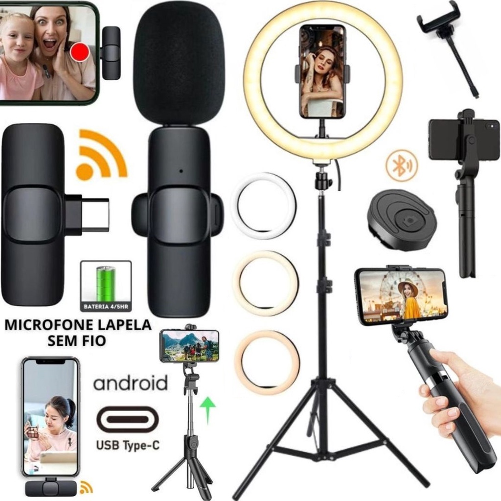 Kit Gravação Ring Light Led Com Tripé 2m Microfone Sem Fio Tipo-C Bastão Filmagem Celular