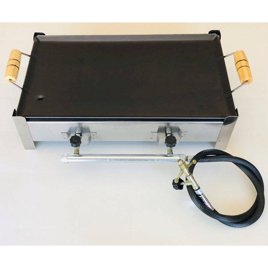 Fogão Fogareiro Duas Bocas Com Chapa Coletor de Gordura Alta Pressão Kit Gás Completo Chapeira Camping Acampamento Caminhão Cozinha Semi Industrial Inox