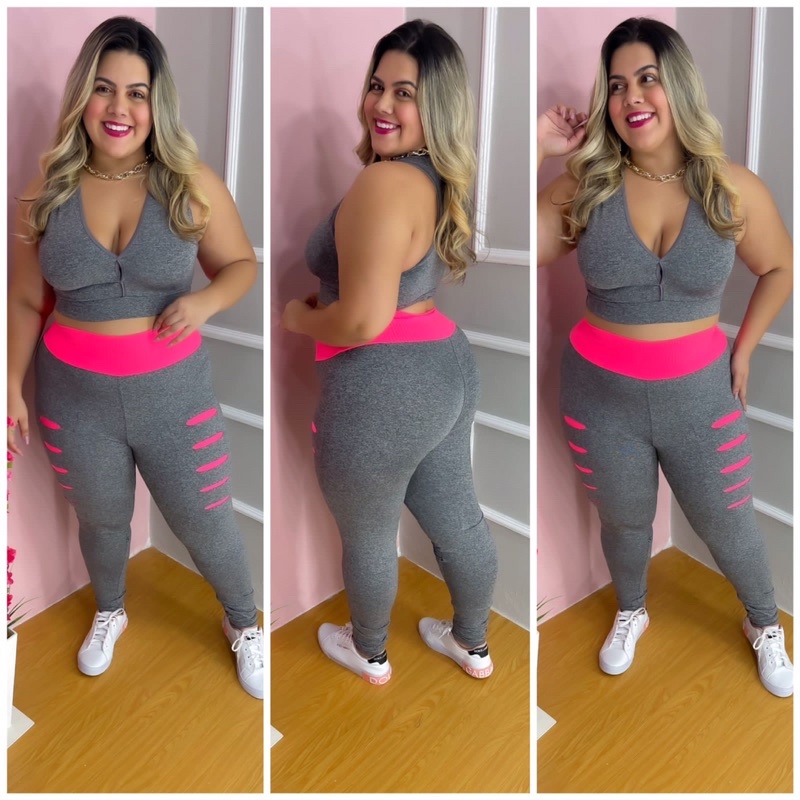 conjunto legging plus size leg detonado  legggin Mais top fitness moda aerobica academia em Oferta na Shopee