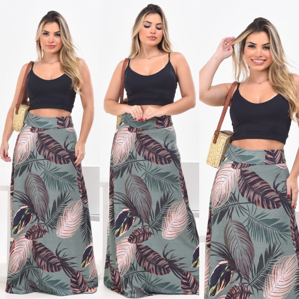 Conjunto Feminino Saia Cintura Alta Longa e Cropped Bojo Alça Malha Encorpada