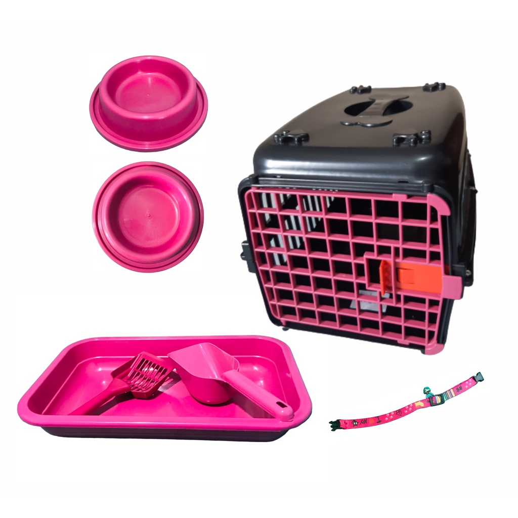 Caixa de Transporte Nº1 para Gato + Caixa de Areia com 2 Pazinhas + 2 Potinhos + Coleira com Pingente
