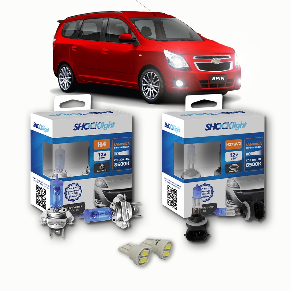 KIT lâmpadas Super brancas 8500K +LED T10 Chevrolet Spin 2012/.. H4 FAROL + H27 milhas