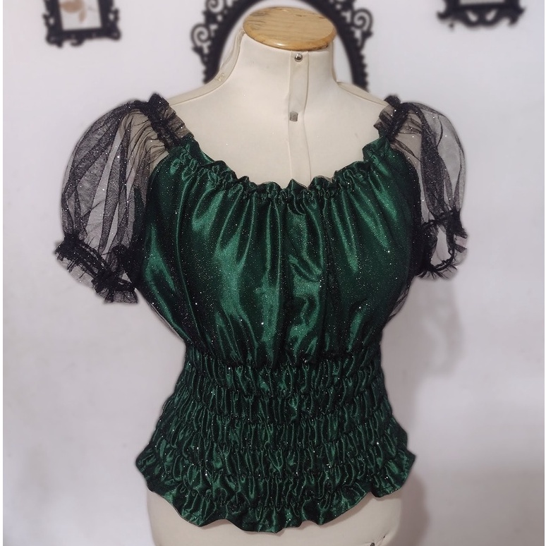 BLUSA CIGANINHA VERDE COM BRILHO GLITTER PRETO POMBAGIRA UMBANDA