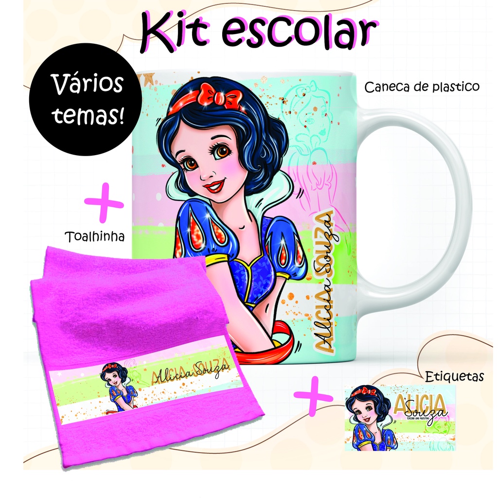 Kit 34 Itens Escolar Caneca, Toalha, Etiqueta Escolar