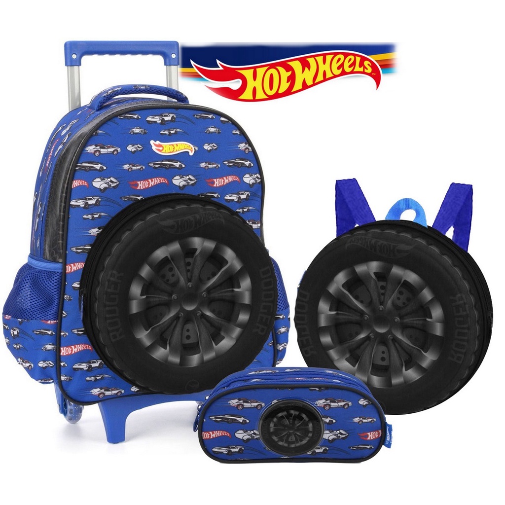 Kit Escolar Mochila Infantil Rodinhas Lancheiras Estojo Menino Tam G Masculina Hot Wheels D