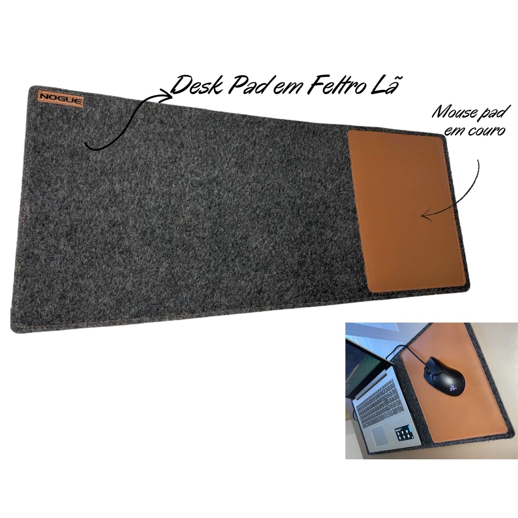 DESK PAD 70X30 FELTRO COSTURA MOUSE EM COURO MARROM