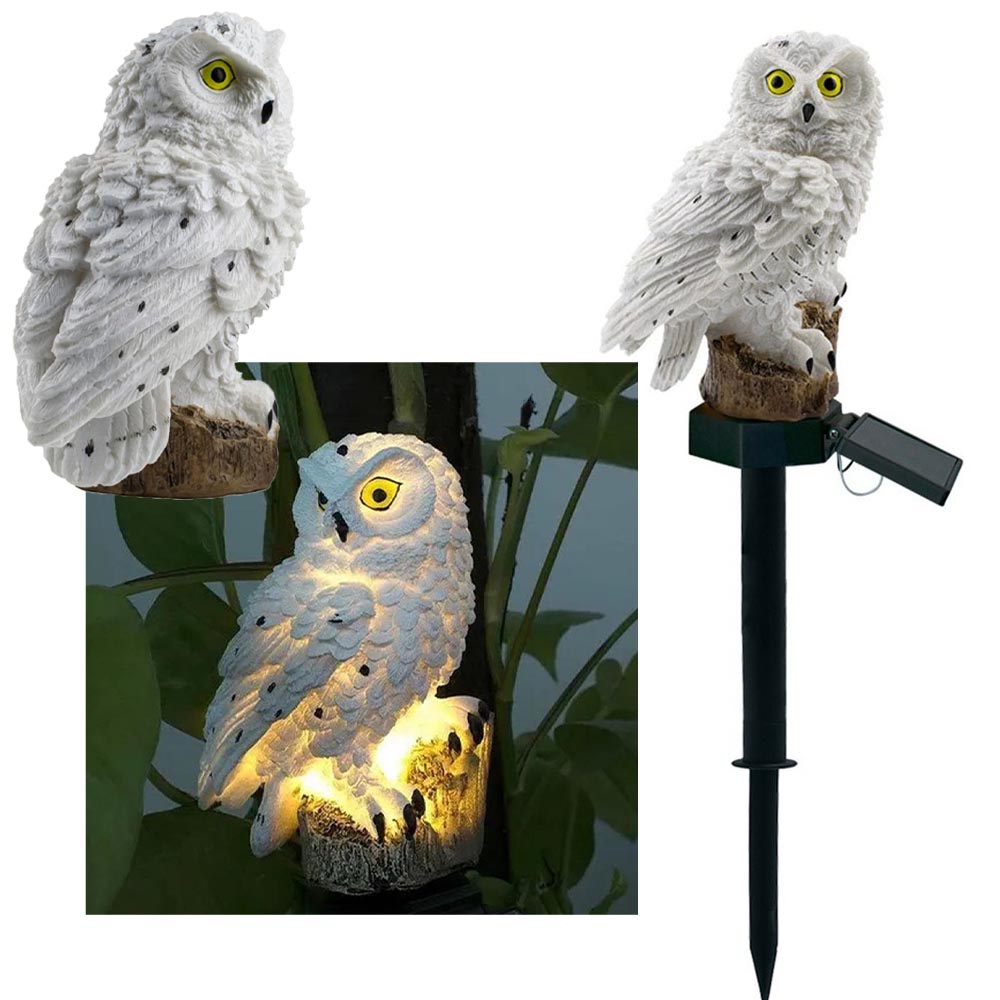 Coruja Luminaria Solar Jardim Quintal Luz Led Espeto Casa Placa Decorativa Noturna Enfeite Escultura Aves