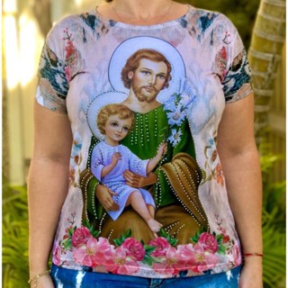 Blusa Baby Look Feminina de São José do Menino Jesus com Strass Católica Religiosa