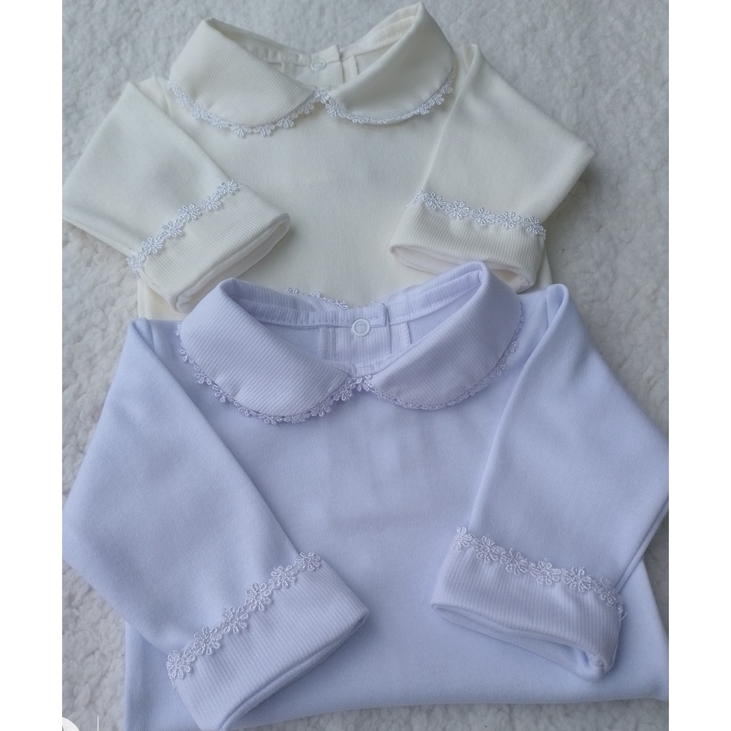 Body menina manga longa 100% algodão , com gola  redonda com renda guipir em Oferta na Shopee