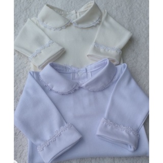 Body menina manga longa 100% algodão , com gola  redonda com renda guipir em Oferta na Shopee