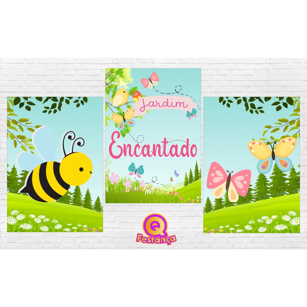 Poster Jardim Encantado 30x40cm - KIT COM 3 POSTER - Decoração de Aniversário, Painel, Tema de Festa Borboleta, Jardim, Animais, Flores, Tema de Festa Florido