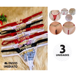Kit com 3 peças Tanga com Strass pingente fio dental com regulagem renda