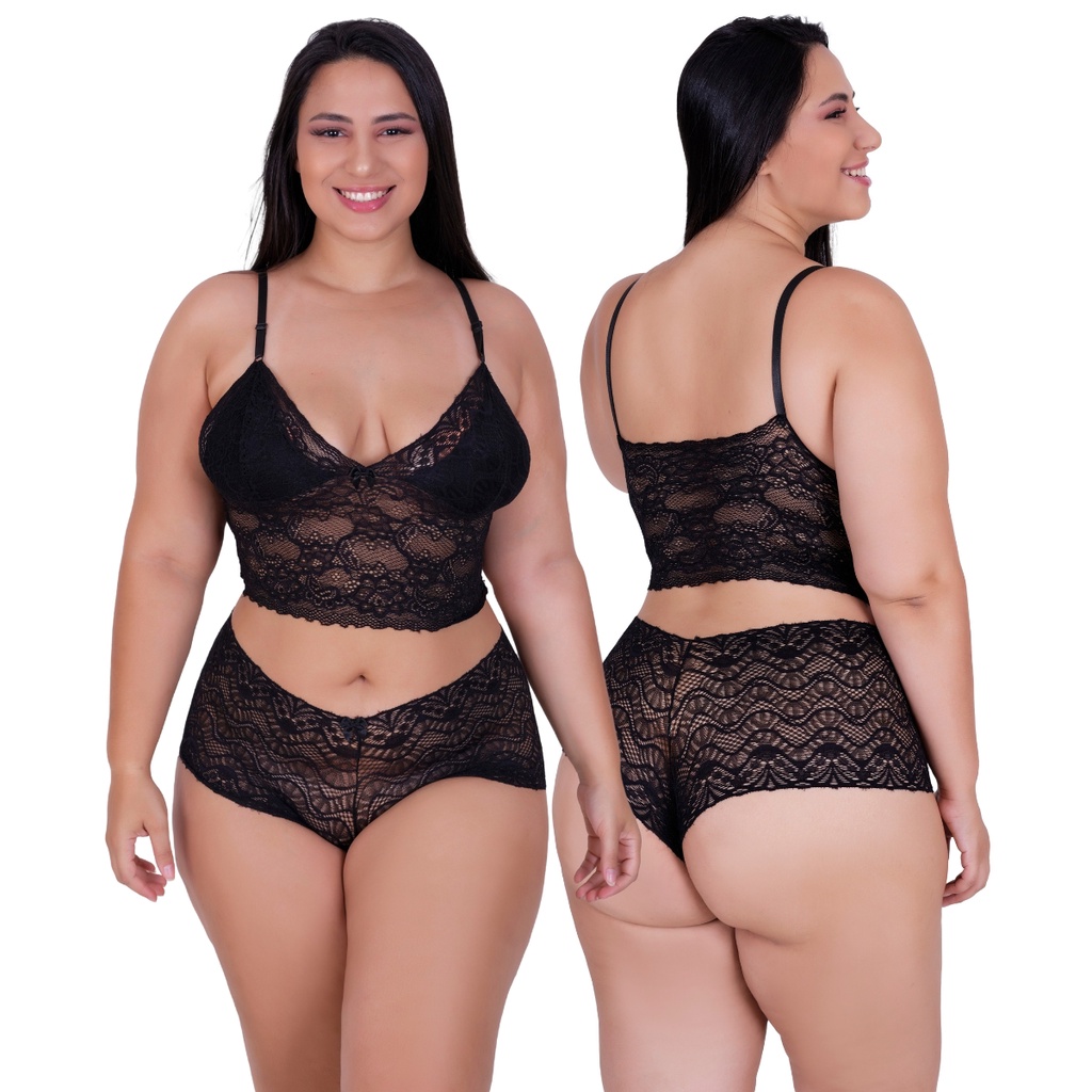 Conjunto Lingerie Plus Size De Renda Espera Marido Cropped E Calcinha