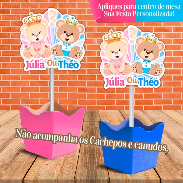 Apliques para fazer Centro de Mesa Personalizado Ursinhos Realeza Rosa e Azul ou Lilás e Verde Chá Revelação