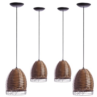 Kit 4 Pendente Luminária Taça Sino Junco Retrô Rustico