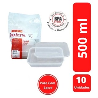 Pote Retangular com Lacre Freezer e Microondas 500ml c/10 - Prafesta