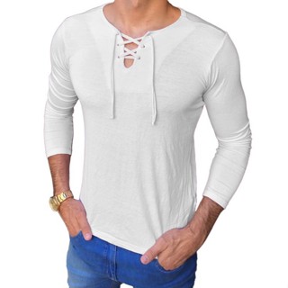 Camiseta Slim Bata Ilhós Básica Masculina Blusa Manga Longa