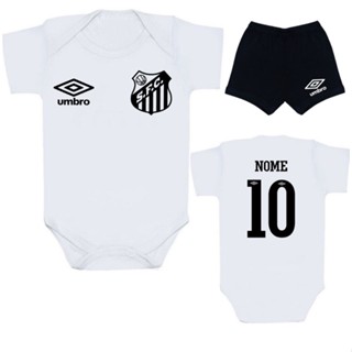 Conjunto Body Bory Macacão para Bebê Infantil Personalizado Time de Futebol Santos Nome e Número nas Costas Acompanha Shorts 100% Algodão