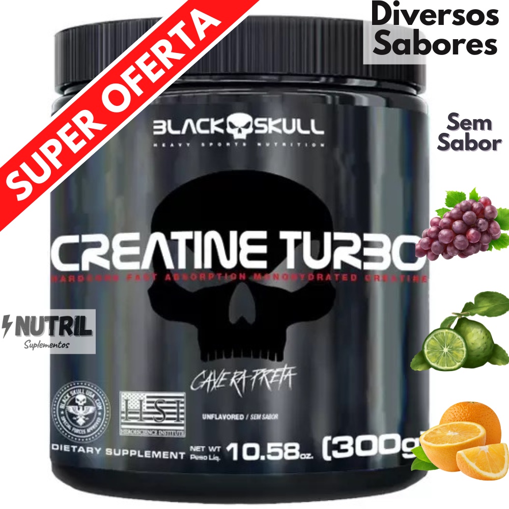 Creatina Black Skull 300g - Creatine Turbo Monohidratada Caveira Preta - Diversos Sabores