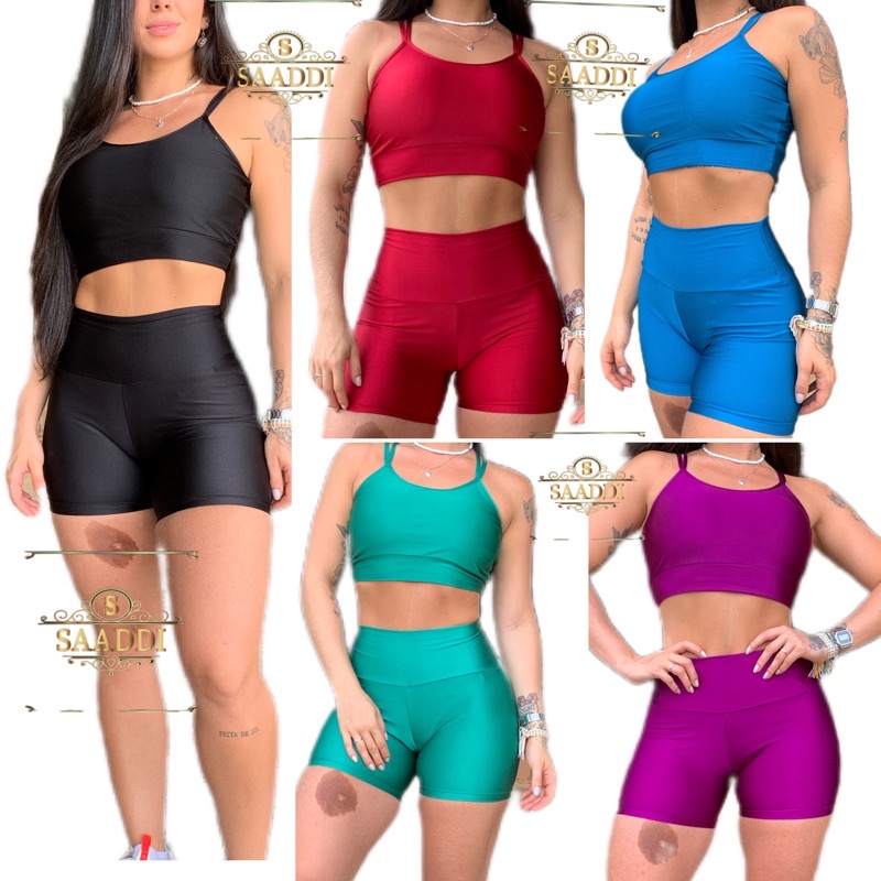 Conjunto Academia Top e Short Cintura Alta Levanta Bumbum Suplex Fitness  Feminino Academia