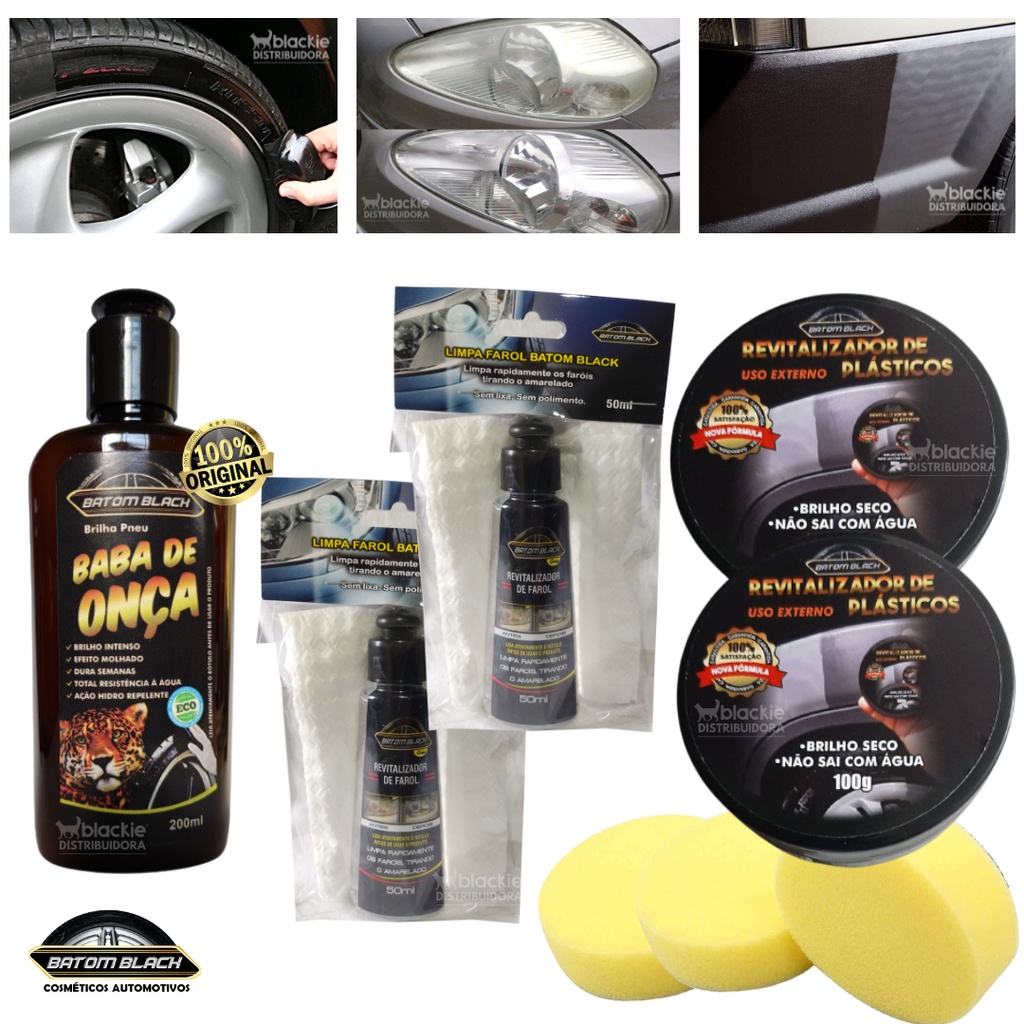 Kit 2 Limpa Farol + 2 Revitalizador de Plástico + 1 Pretinho Pneu Baba de Onça