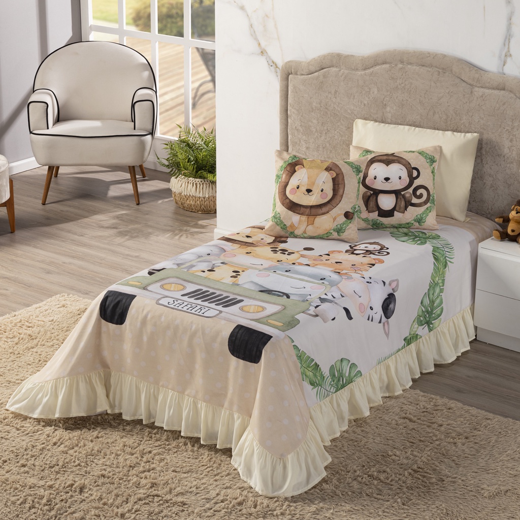 Colcha Cobre-leito Infantil Solteiro 6 Peças Safari Carro