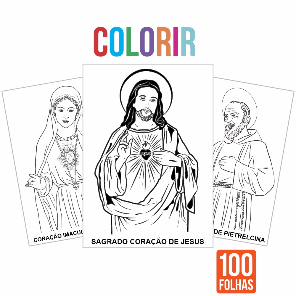 Kit com 100 Desenhos Católicos Para Colorir em Folha tamanho A4 - 2 por folha