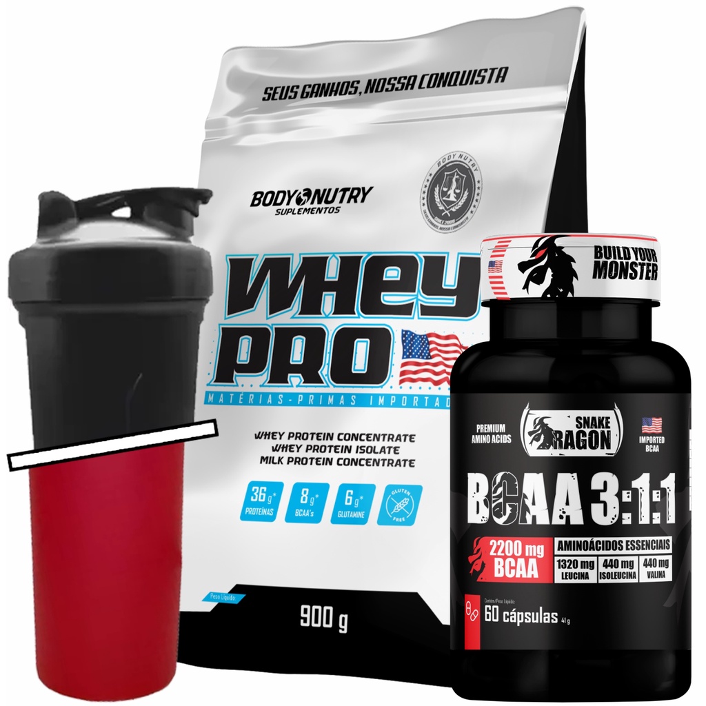 Kit Whey Protein + BCAA 3:1:1, 60 Cápsulas + Coqueteleira