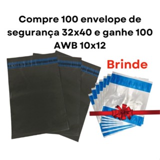 Kit 100 unidades Envelope de segurança Eco cinza 32x40 com aba adesiva, correios e ganhe 100 AWB (saco para nota fiscal) 10x12