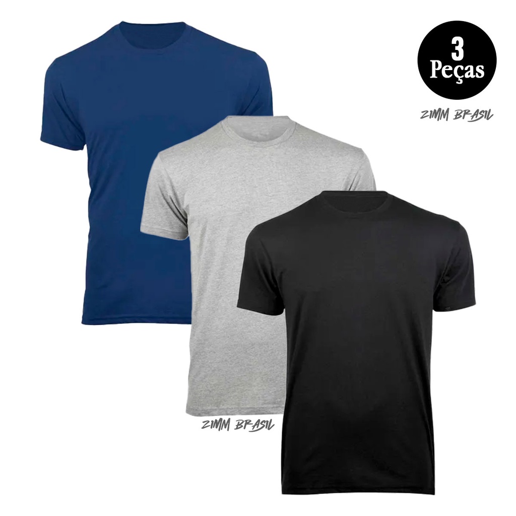 Kit 3 Camiseta Masculina Camisa Slim Fit Lisa Básica 100% Algodão 30.1 Camisetas Lisas Básicas Azul Marinho Branca Preto