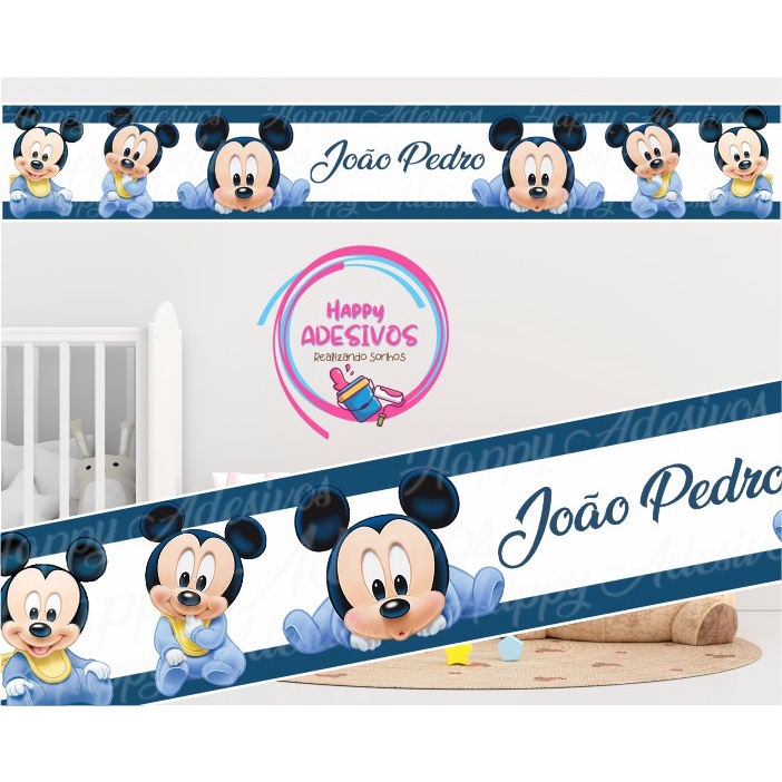 Faixa Adesiva Decorativa para Parede Quarto Infantil Baby Menino Mickey Baby Bebê Azul Nome Personalizado Adesivo de Parede