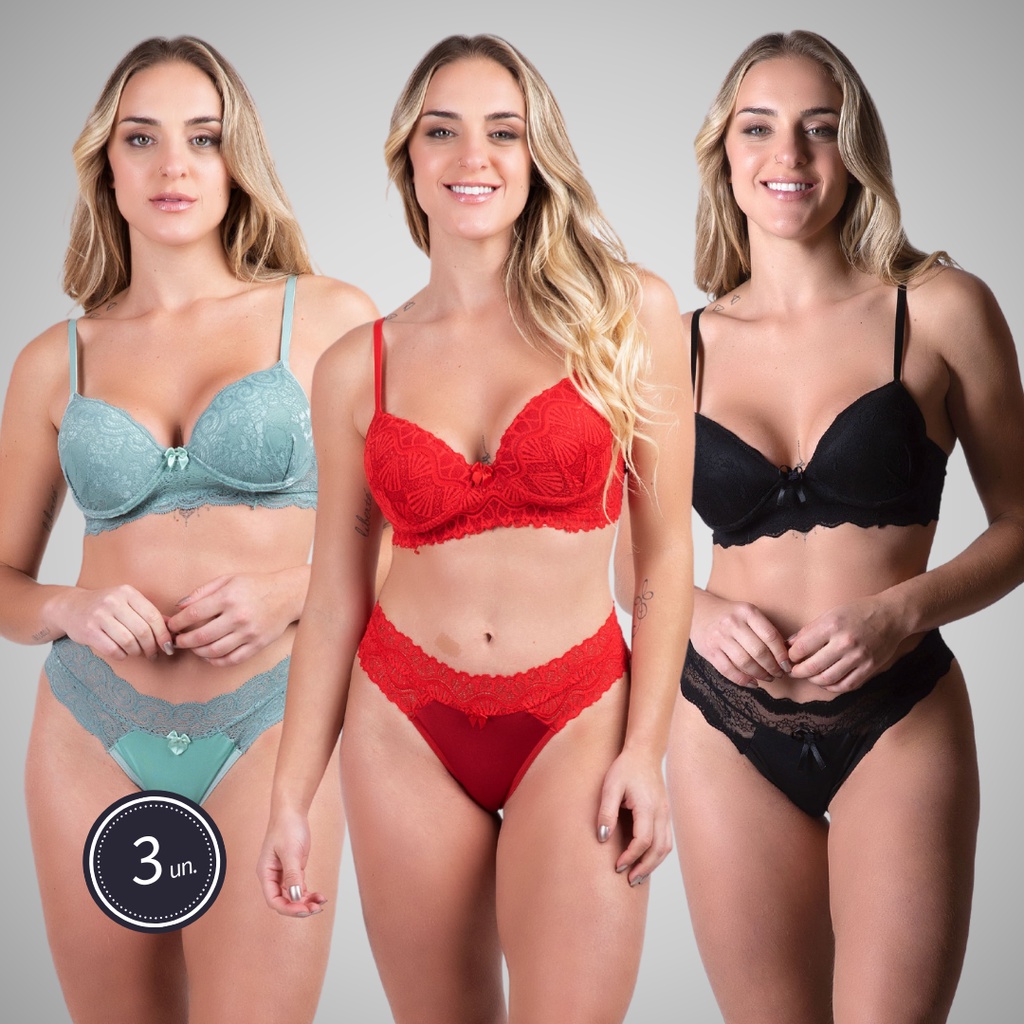 Kit 3 Conjuntos Lingerie Bojo Sensual Microfibra Detalhes Renda Luxo Moda Íntima Feminina Sensual Linha Noite 357