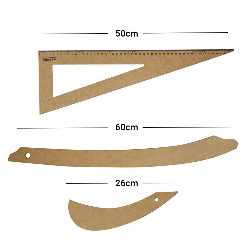 Kit Completo Régua Molde Costura Corte MDF Modelagem Decotes Alfaiate Costura