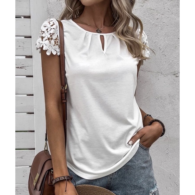 Blusa branca manga renda casual