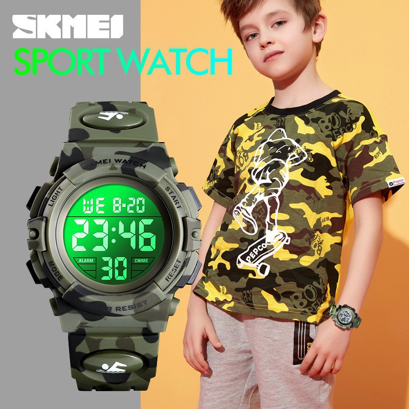 Skmei relógio digital eletrônico para crianças, relógio militar esportivo à prova d'água de 50m para crianças meninos, meninas, pulseira