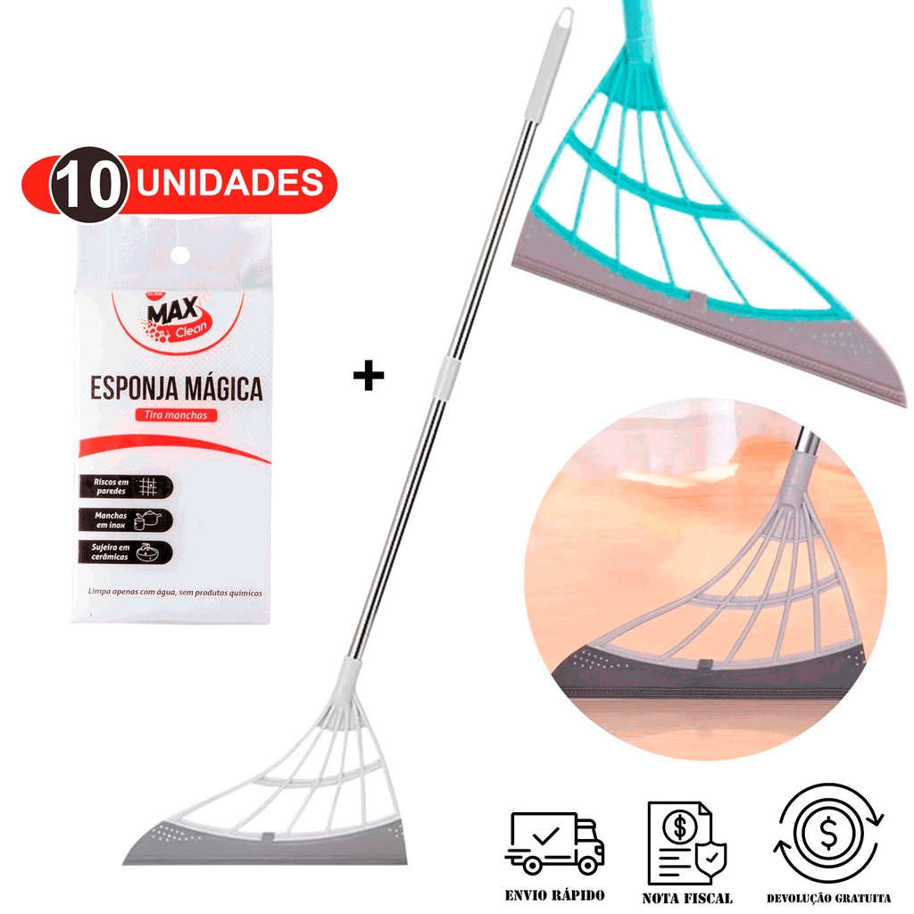 Vassoura Magica Rodo MOP 2 em 1 Vassoura Rodo Mágico Multifuncional + KIT 10 Esponjas Mágicas 10x7x3 CM