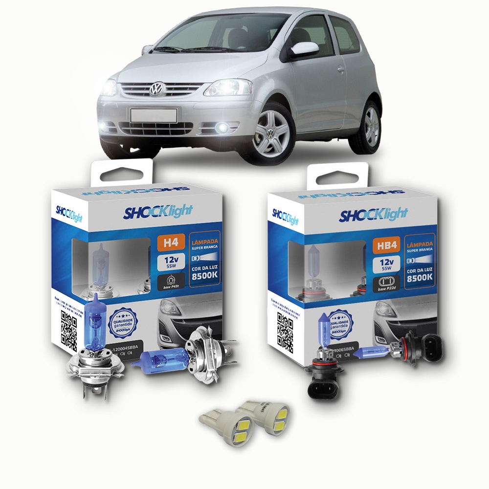 KIT lâmpadas Super brancas 8500K +LED T10 VW FOX CIT 2004/2010 H4 FAROL + HB4 milhas