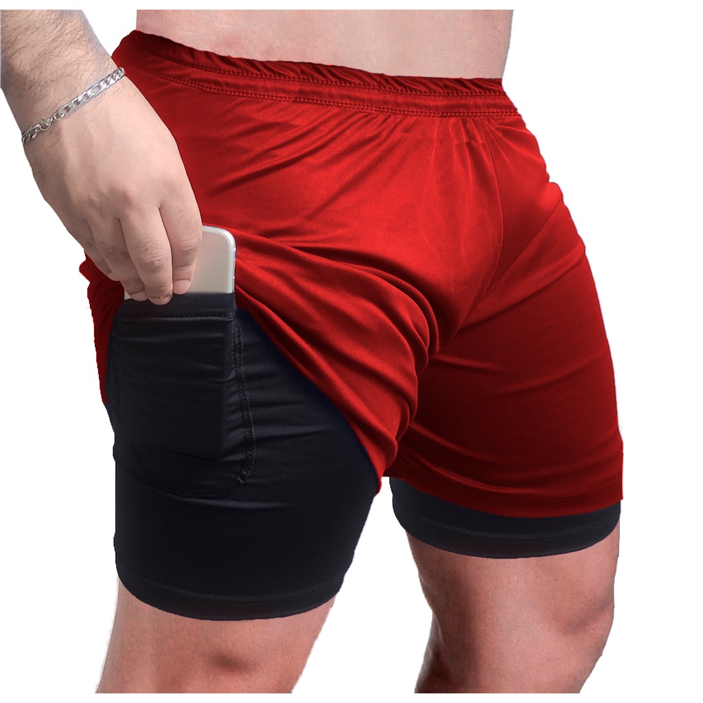 Kit 2 Bermudas Masculinas Academia 2 em 1 com Cueca e Suporte para Celular