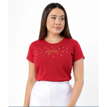Camiseta Tshirt feminina Gratidão com pérolas - Vermelho Rubi