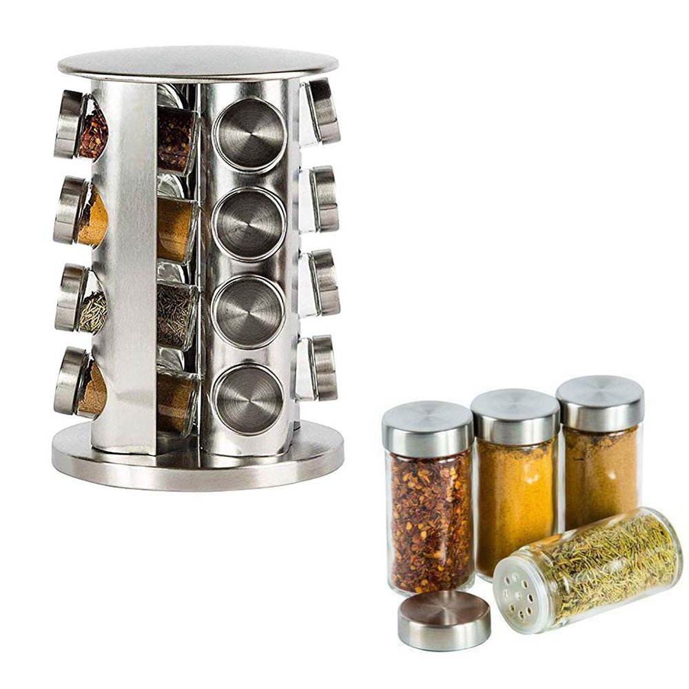 Porta Inox Tempero Inox Com 16 Potes + Suporte Giratório Potes De 80 GR Material: Vidro E Metal